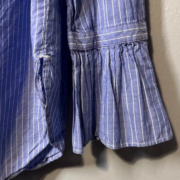 Loft M Button Blue Shirt Floral Embroidered Stripe Chambray Flaired Long Sleeve - Picture 5 of 7